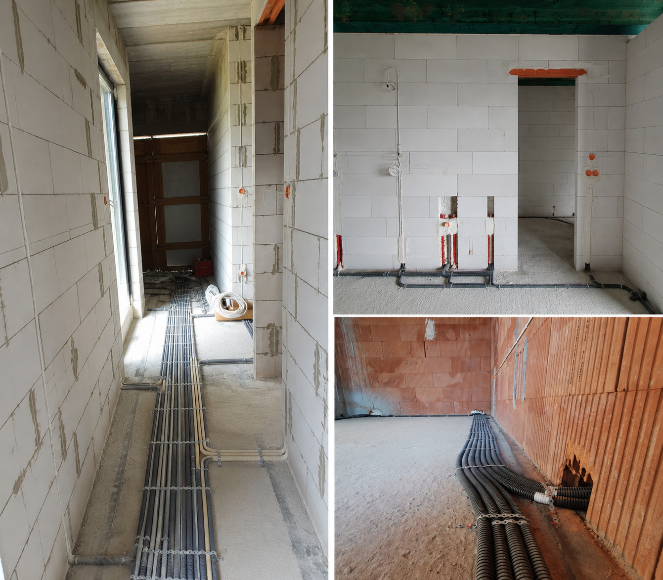 Kolaż zdjęć pokazujący trasy przewodów, puszki i instalację elektryczną w stanie surowym