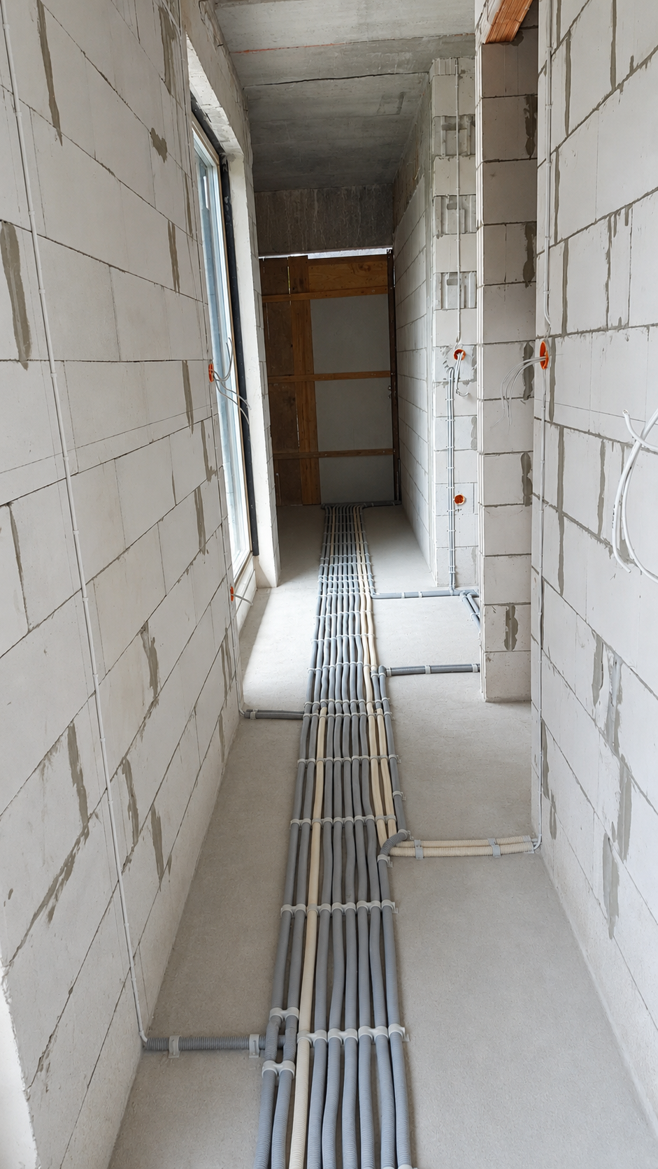Główne trasy instalacji elektrycznej prowadzone w peszlach w domu w stanie surowym